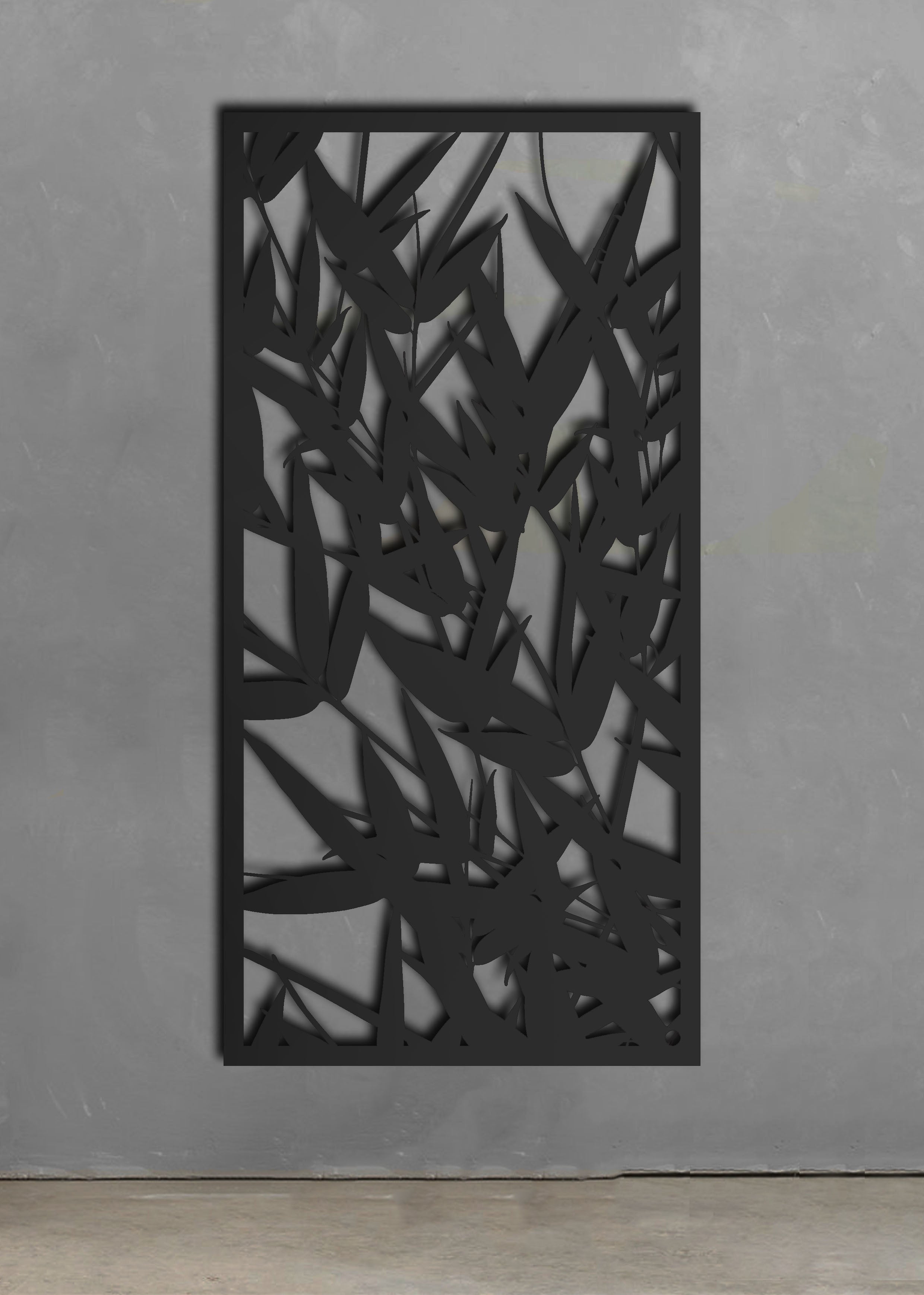Bamboo leaf outdoor screen with a Manix black powder-coated finish, set against a concrete wall, resembling outdoor wall art.  Brief Description: This image features a bamboo leaf outdoor screen with a Manix black powder-coated finish. The screen is placed against a concrete wall, providing a sleek, contemporary look. The black finish contrasts with the concrete, emphasizing the screen’s intricate design and adding a dramatic visual effect.
